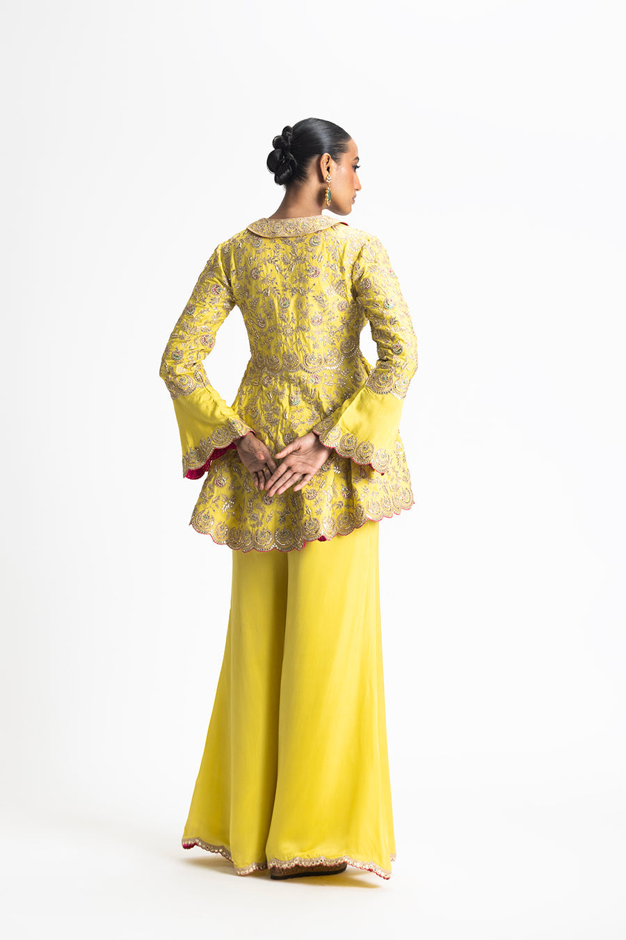 Mehndi Yellow Gota Work Jacket & Satin Trousers - Festive Set