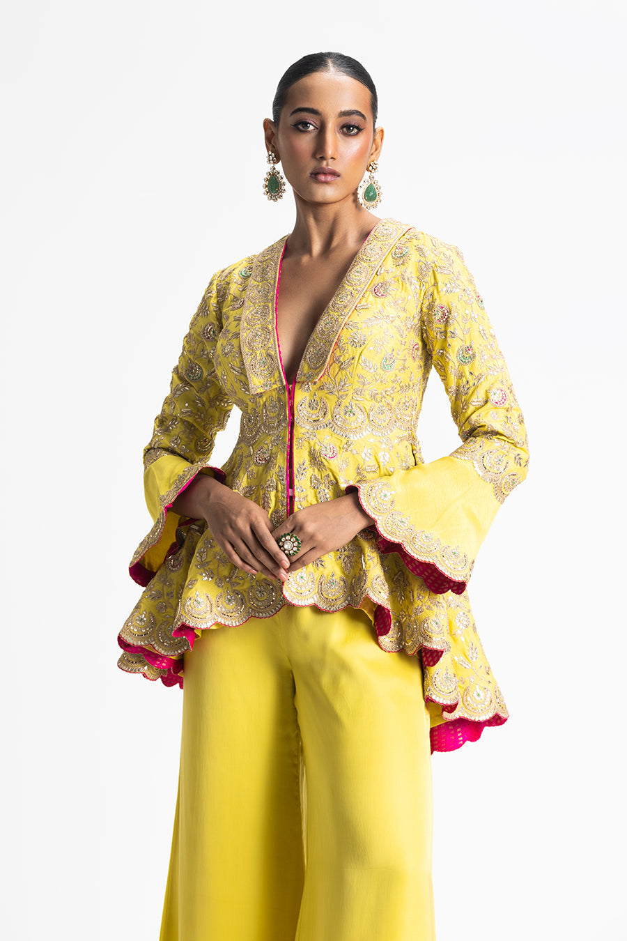 Mehndi Yellow Gota Work Jacket & Satin Trousers - Festive Set