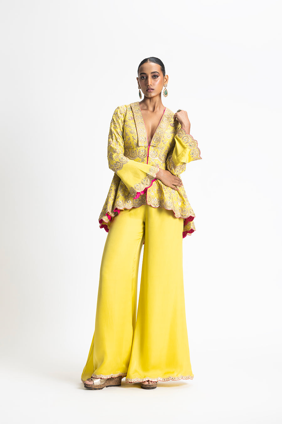 Mehndi Yellow Gota Work Jacket & Satin Trousers - Festive Set