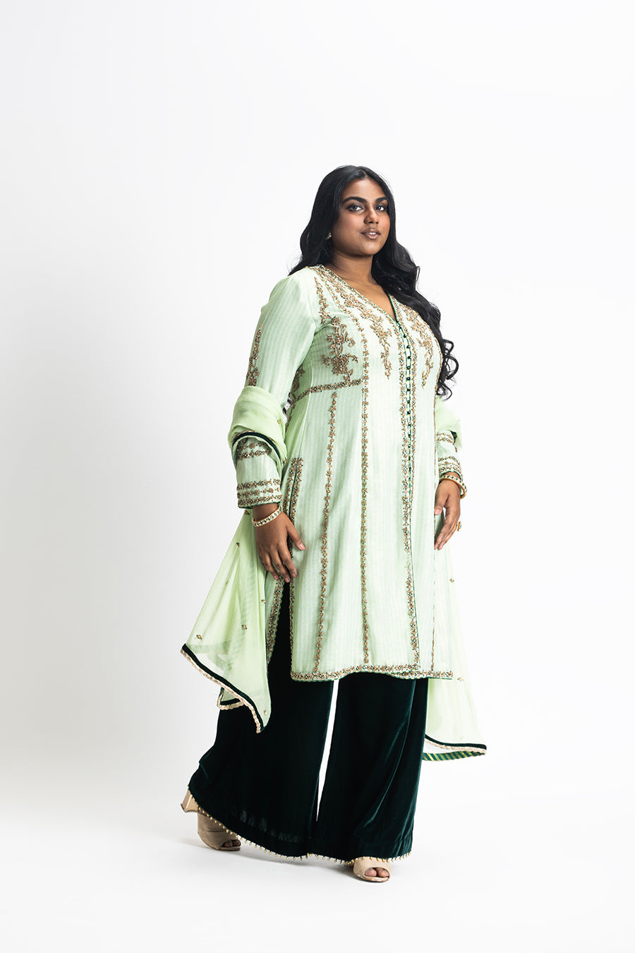 Ghiya Green Georgette Embroidered Shirt & Velvet Palazzo Set