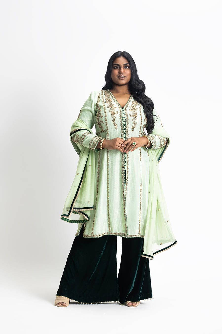 Ghiya Green Georgette Embroidered Shirt & Velvet Palazzo Set
