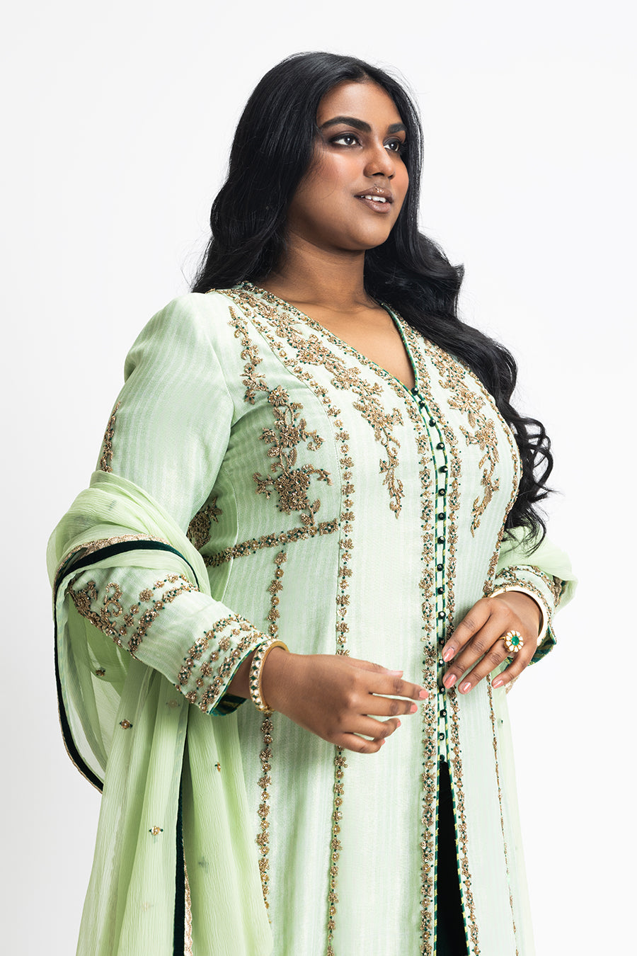Ghiya Green Georgette Embroidered Shirt & Velvet Palazzo Set
