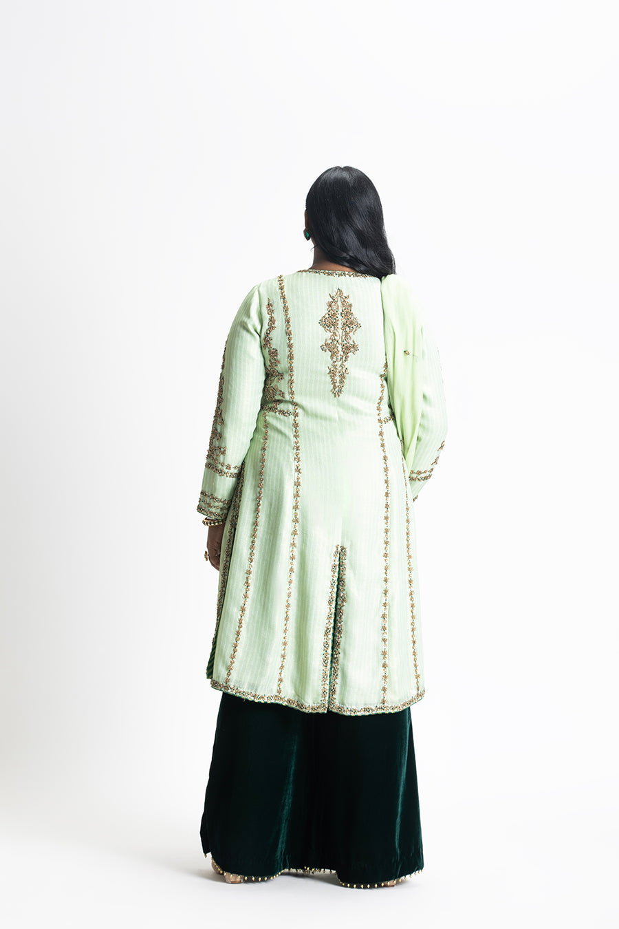 Ghiya Green Georgette Embroidered Shirt & Velvet Palazzo Set