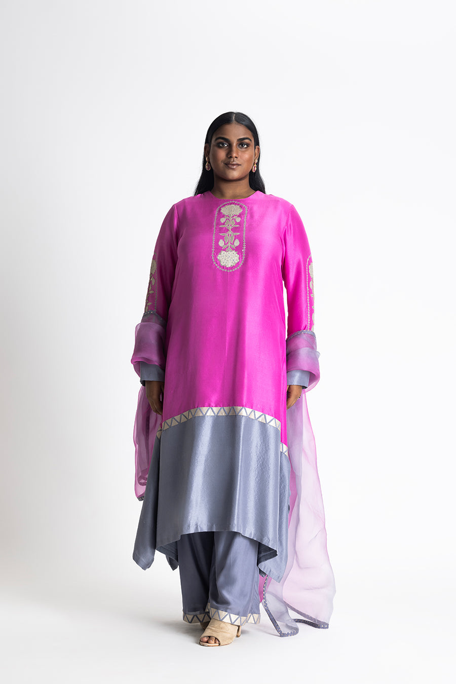 Fuschia and Grey Dupion Silk Palazzo Set with Organza Dupatta