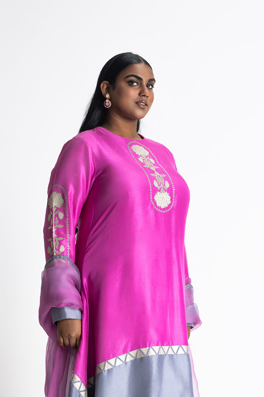 Fuschia and Grey Dupion Silk Palazzo Set with Organza Dupatta