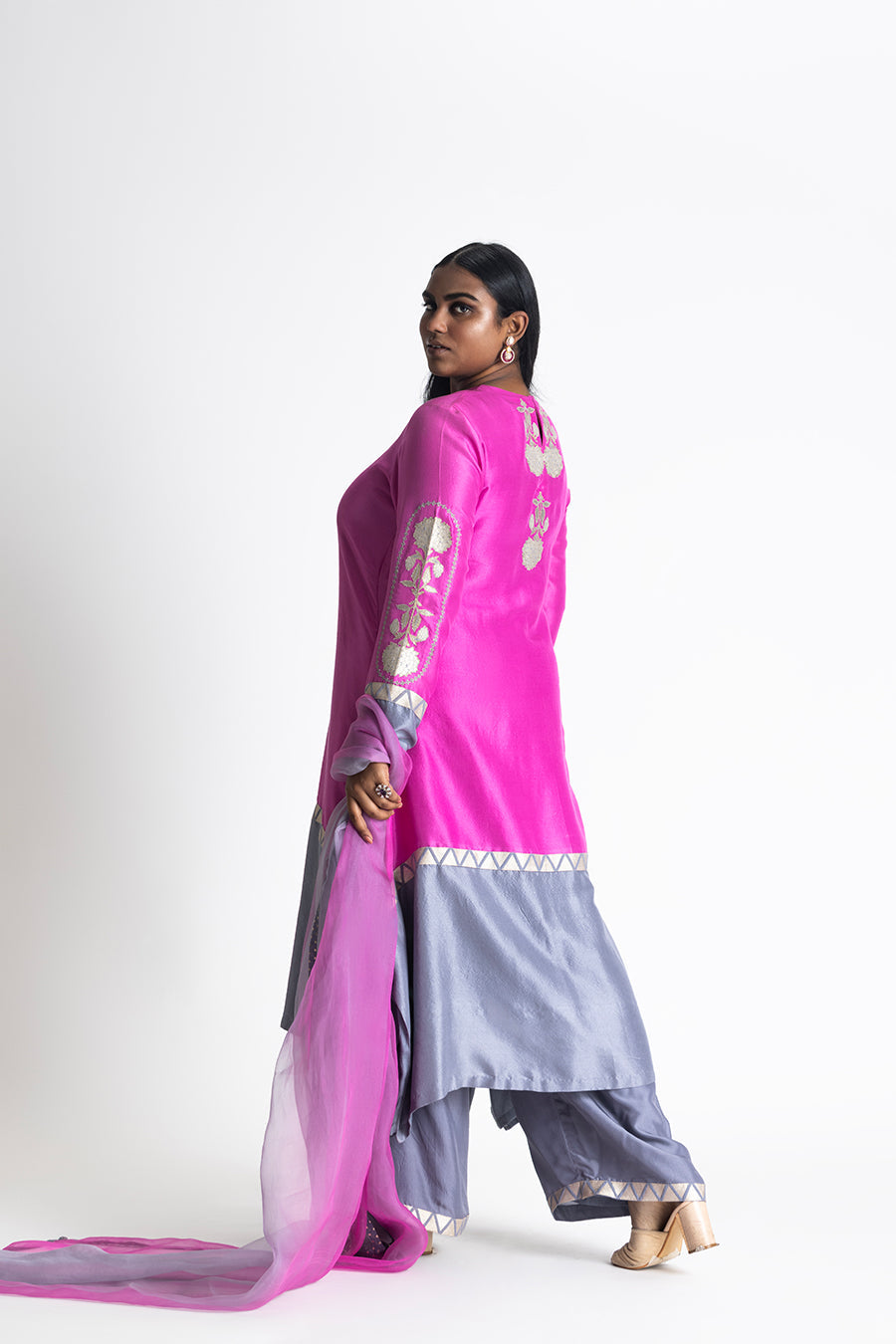 Fuschia and Grey Dupion Silk Palazzo Set with Organza Dupatta