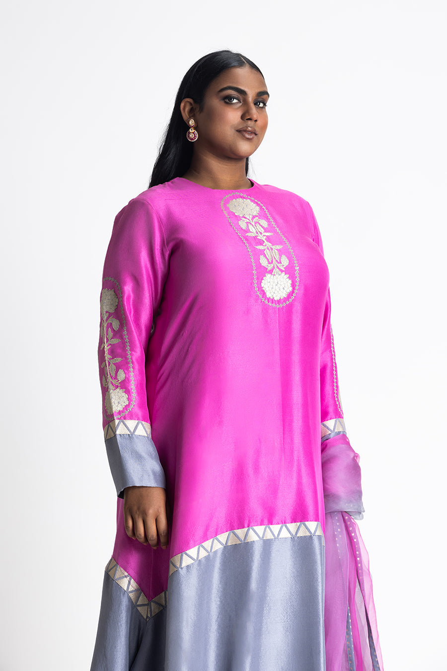 Fuschia and Grey Dupion Silk Palazzo Set with Organza Dupatta