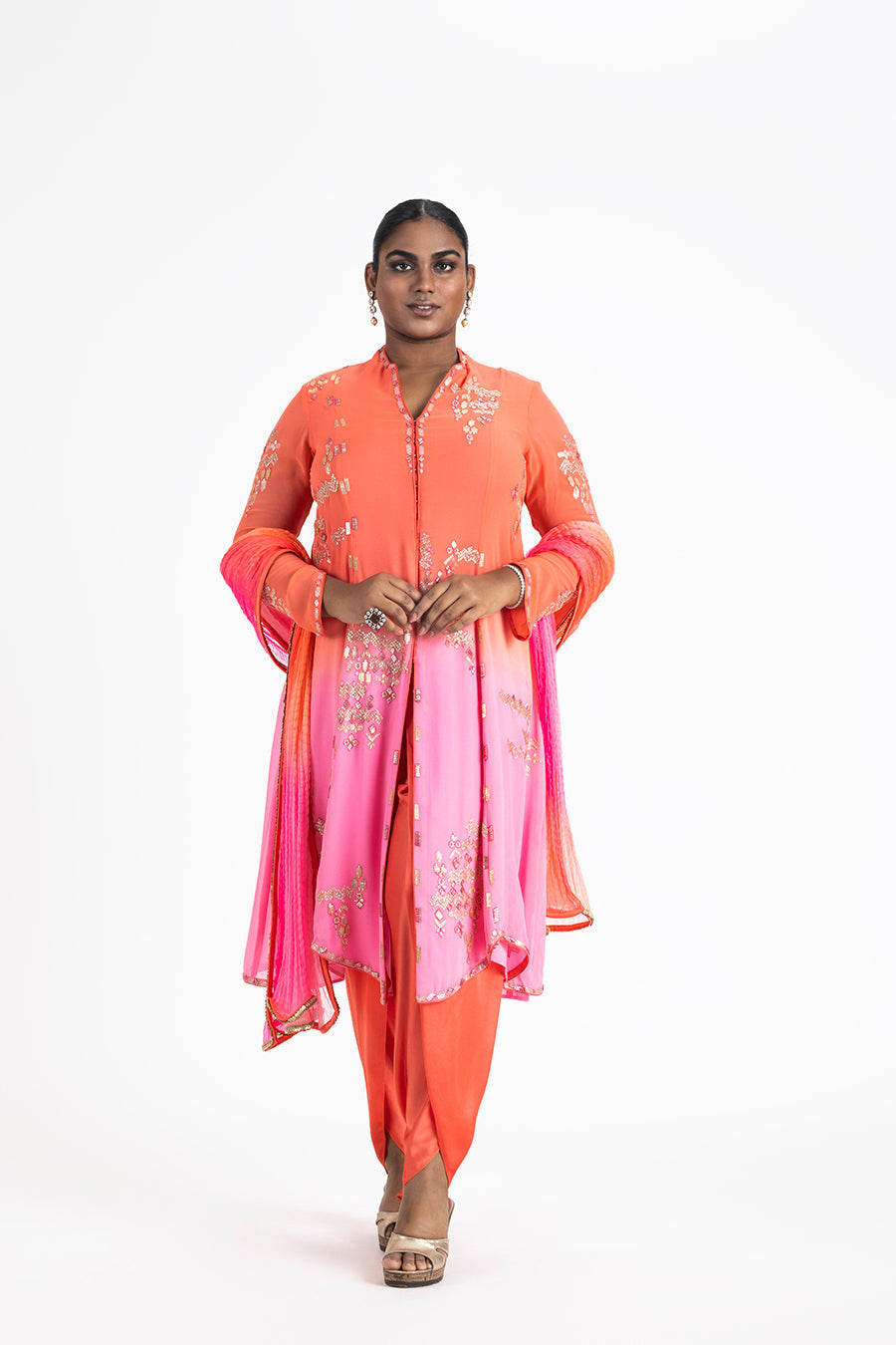 Mango to Pink Ombre Georgette Shirt with Dhoti & Dupatta