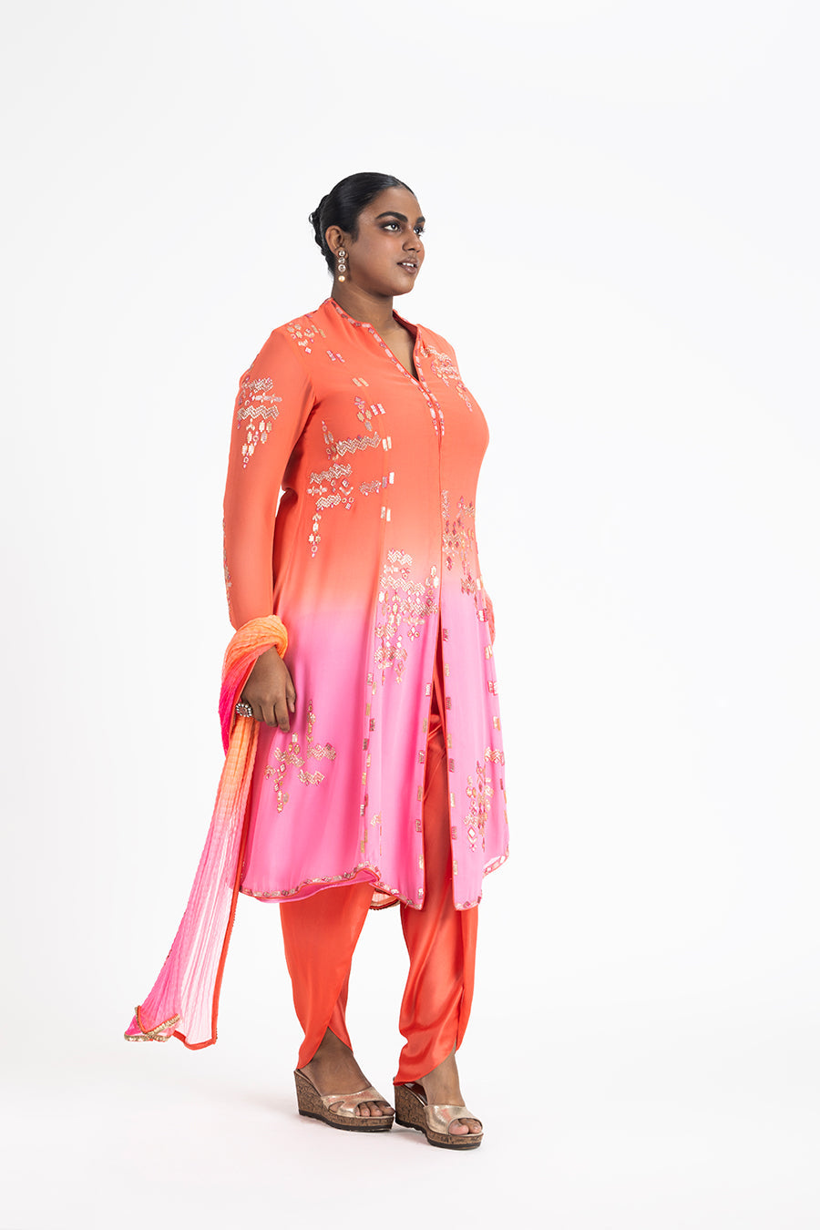 Mango to Pink Ombre Georgette Shirt with Dhoti & Dupatta
