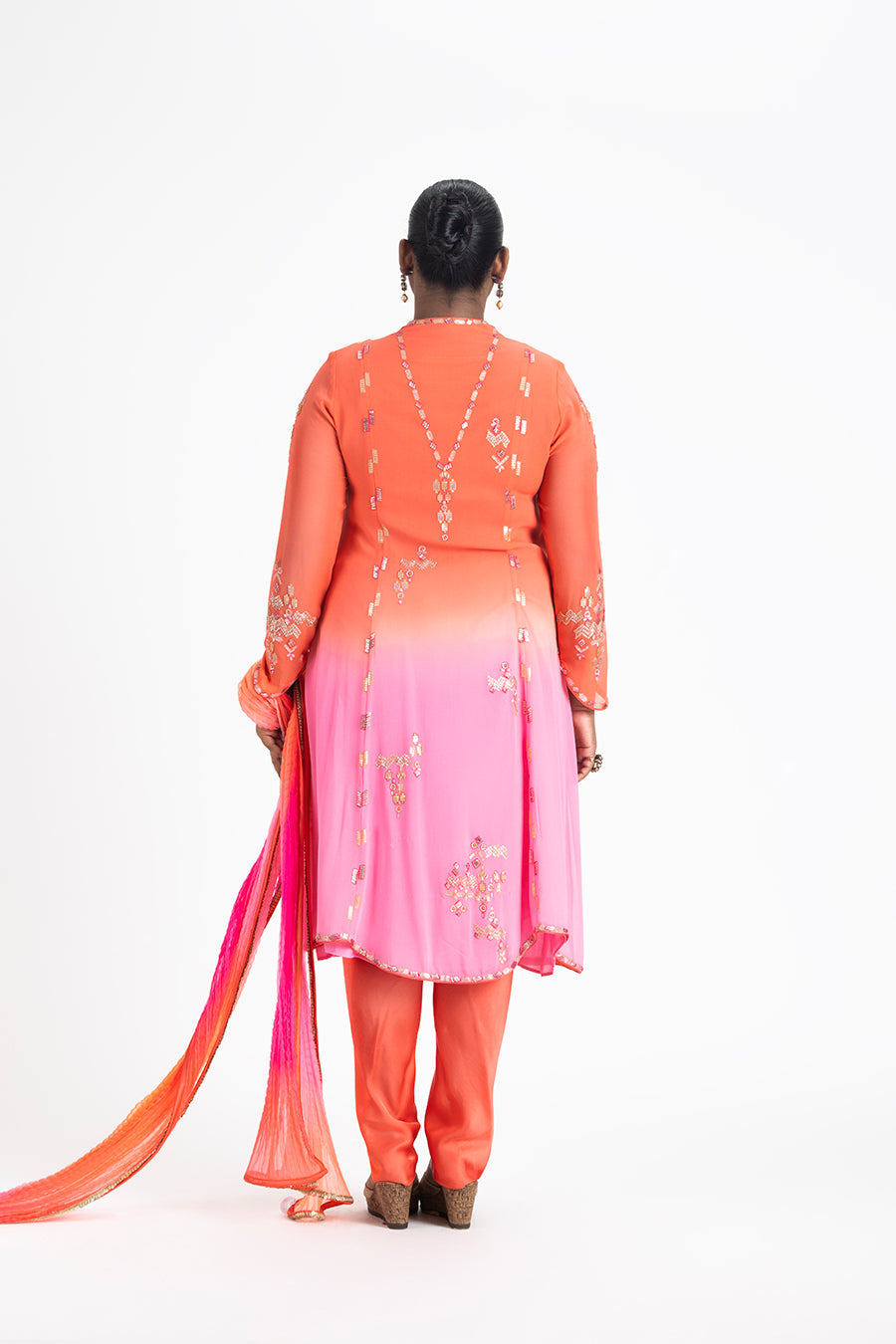 Mango to Pink Ombre Georgette Shirt with Dhoti & Dupatta