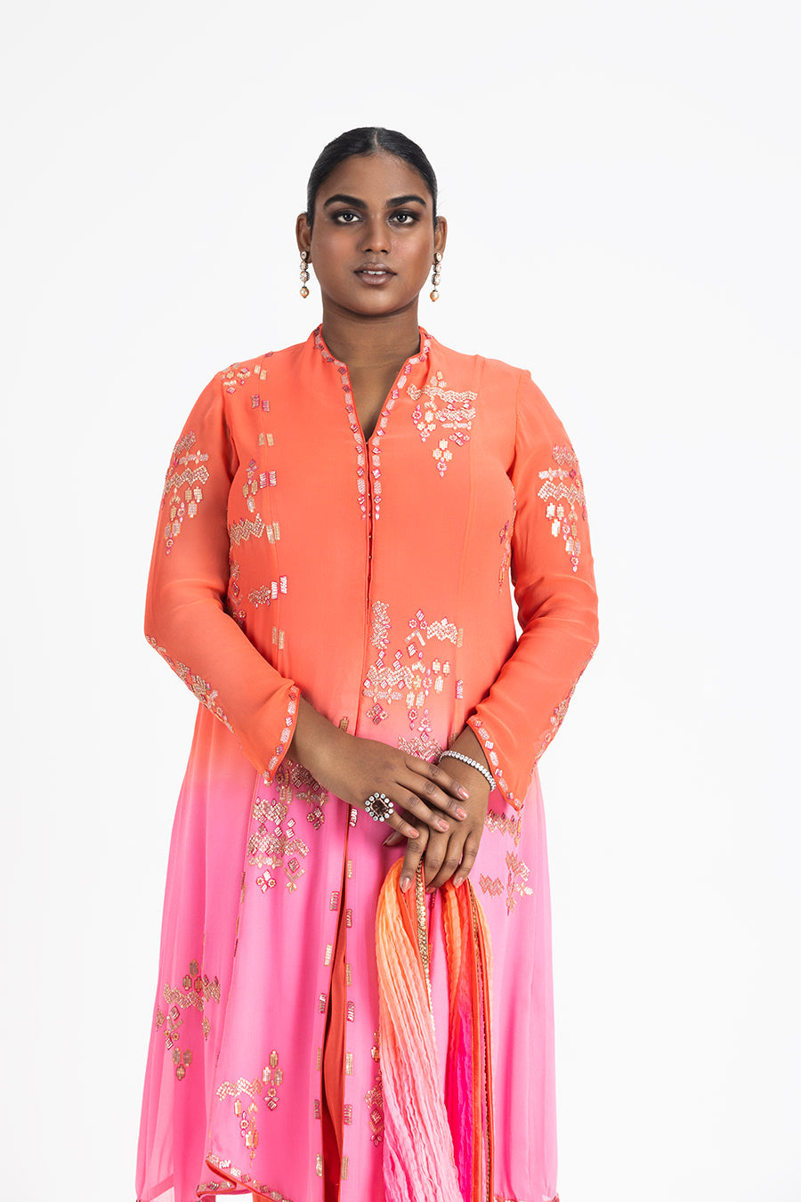 Mango to Pink Ombre Georgette Shirt with Dhoti & Dupatta