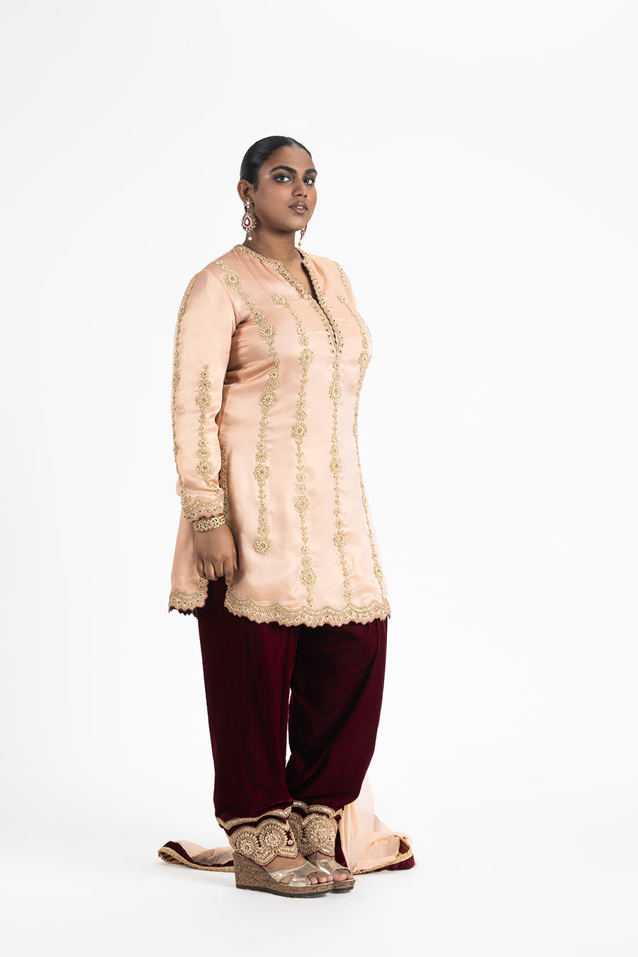 Peach Shimmer Satin Kurta Set with Maroon Velvet Salwar