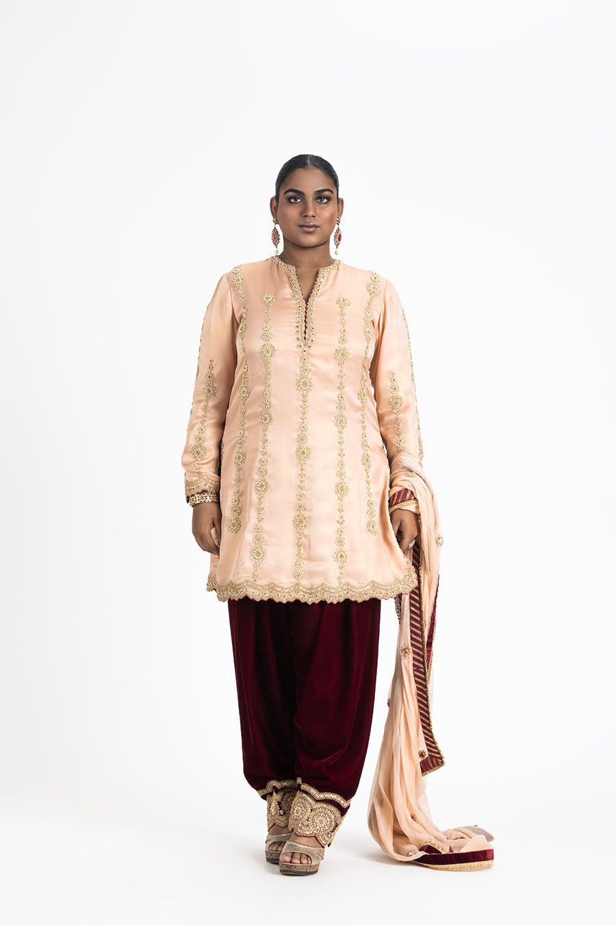Peach Shimmer Satin Kurta Set with Maroon Velvet Salwar