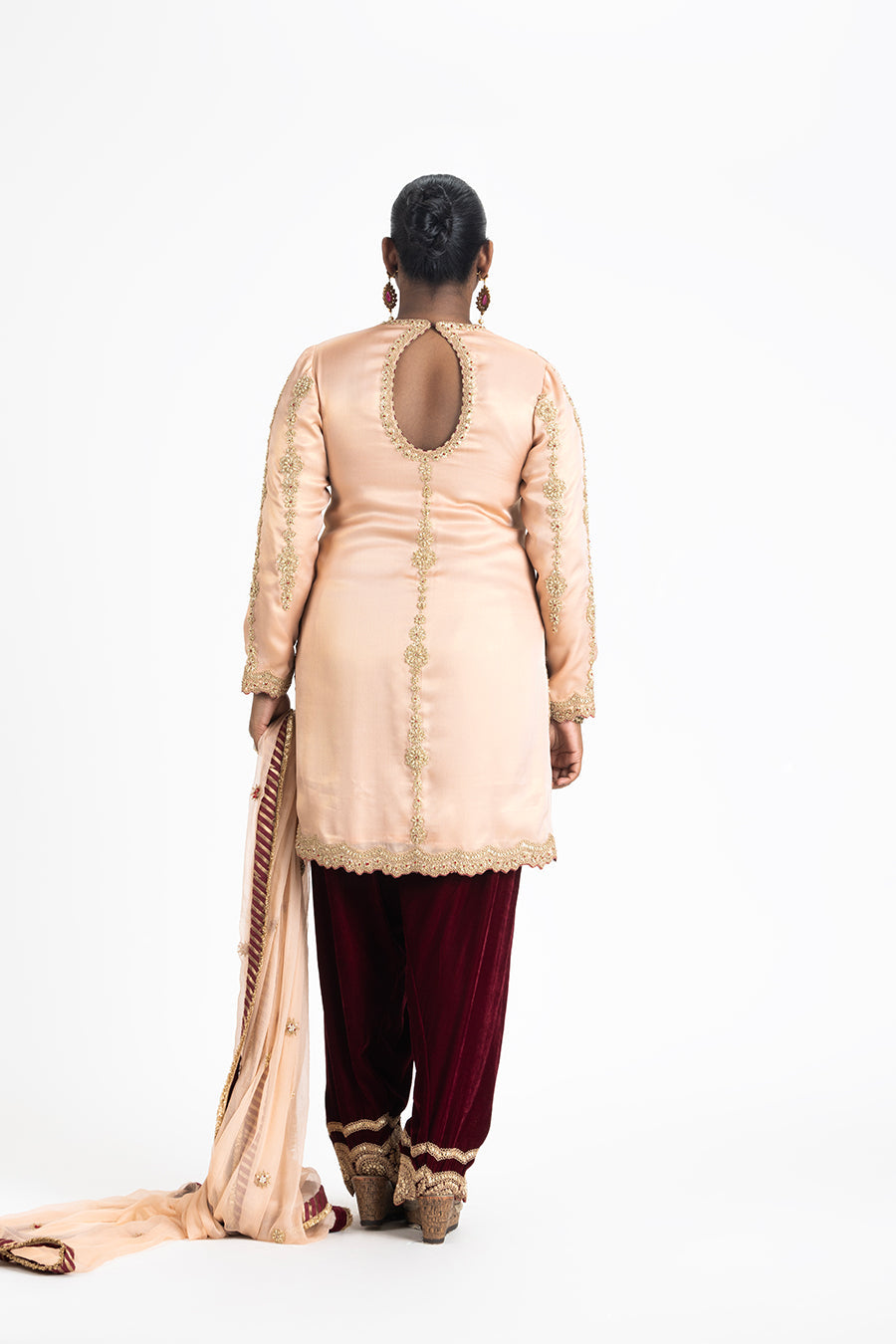 Peach Shimmer Satin Kurta Set with Maroon Velvet Salwar