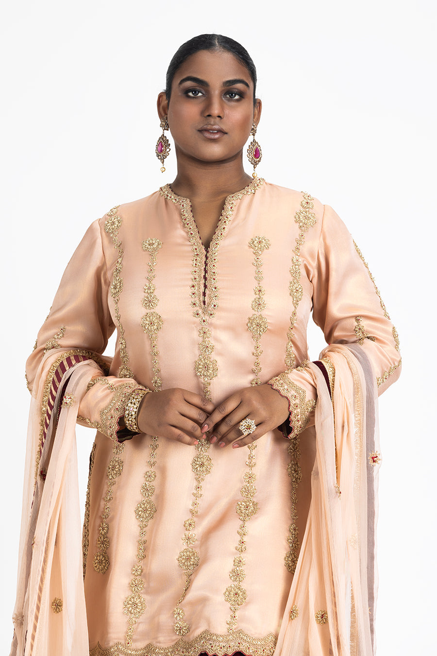 Peach Shimmer Satin Kurta Set with Maroon Velvet Salwar