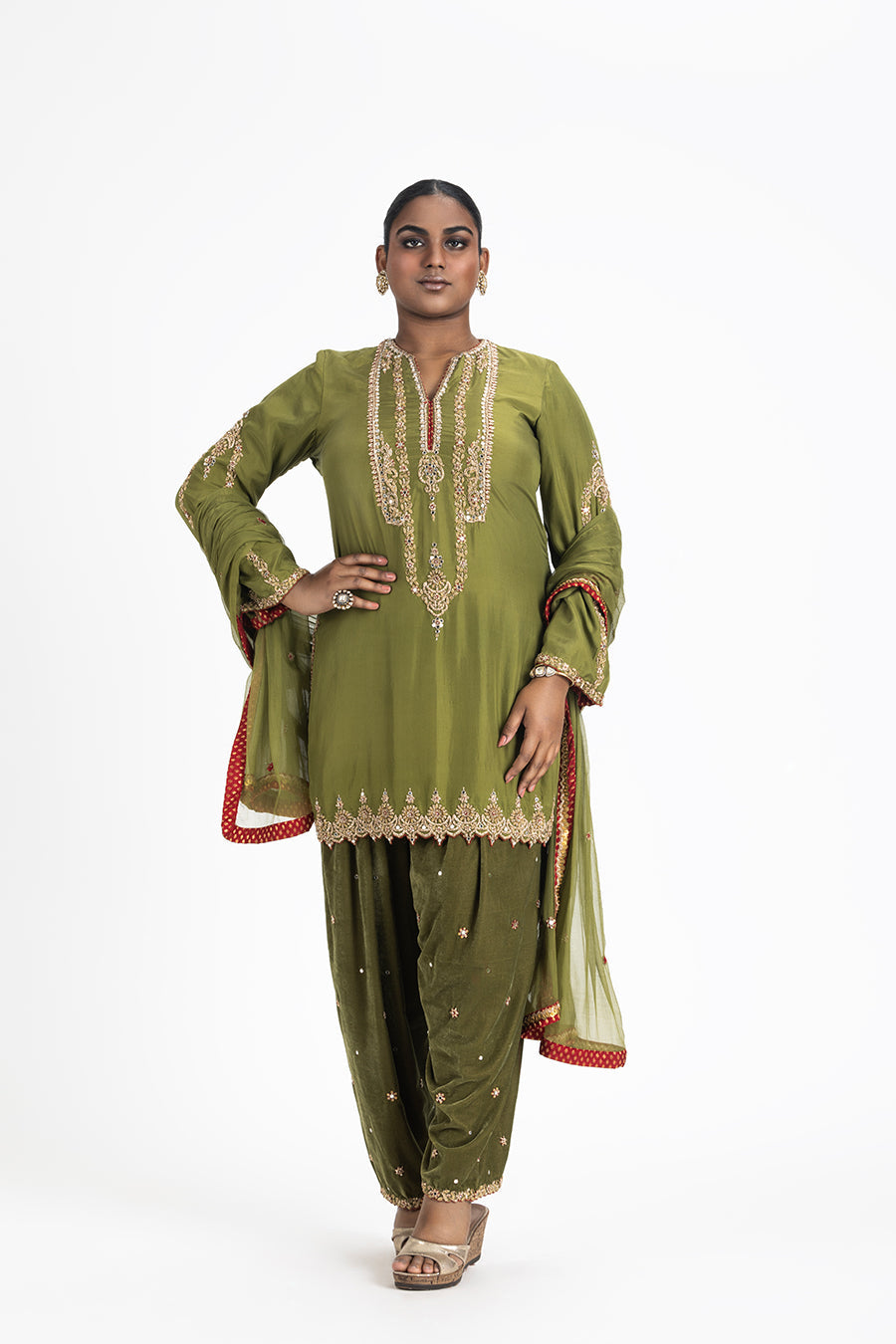 Mehendi Green Silk Kurta with Velvet Salwar & Zardozi Dupatta