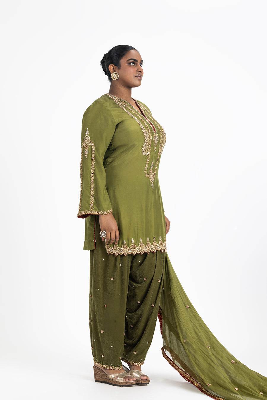 Mehendi Green Silk Kurta with Velvet Salwar & Zardozi Dupatta