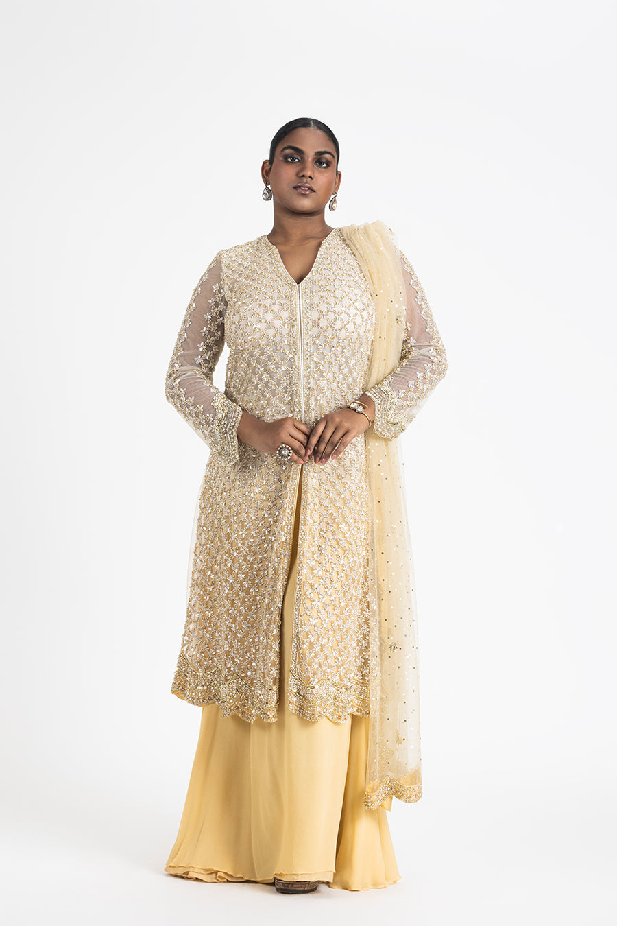 Gold Ombre Net Jacket with Shimmer Georgette Sharara Set