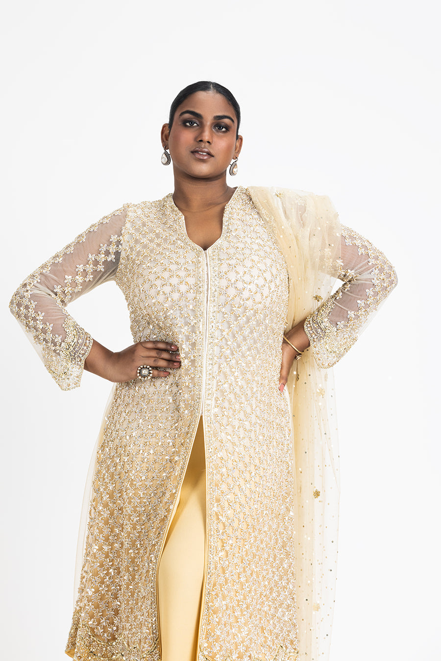 Gold Ombre Net Jacket with Shimmer Georgette Sharara Set