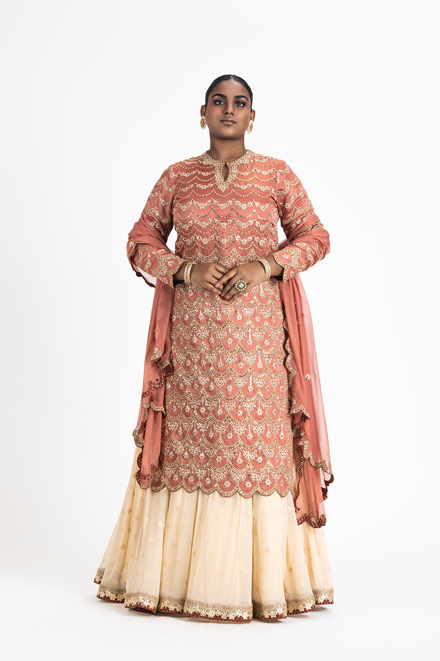 Rust Satin Linen Kurta with Cream Benarasi Lehenga Set