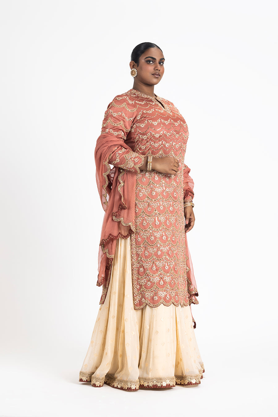 Rust Satin Linen Kurta with Cream Benarasi Lehenga Set