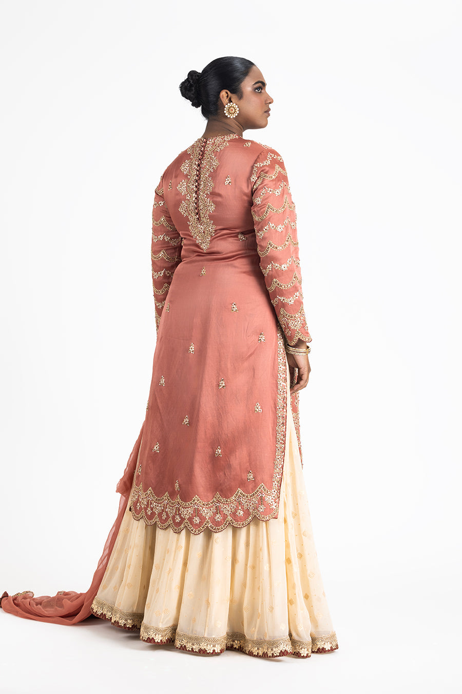 Rust Satin Linen Kurta with Cream Benarasi Lehenga Set