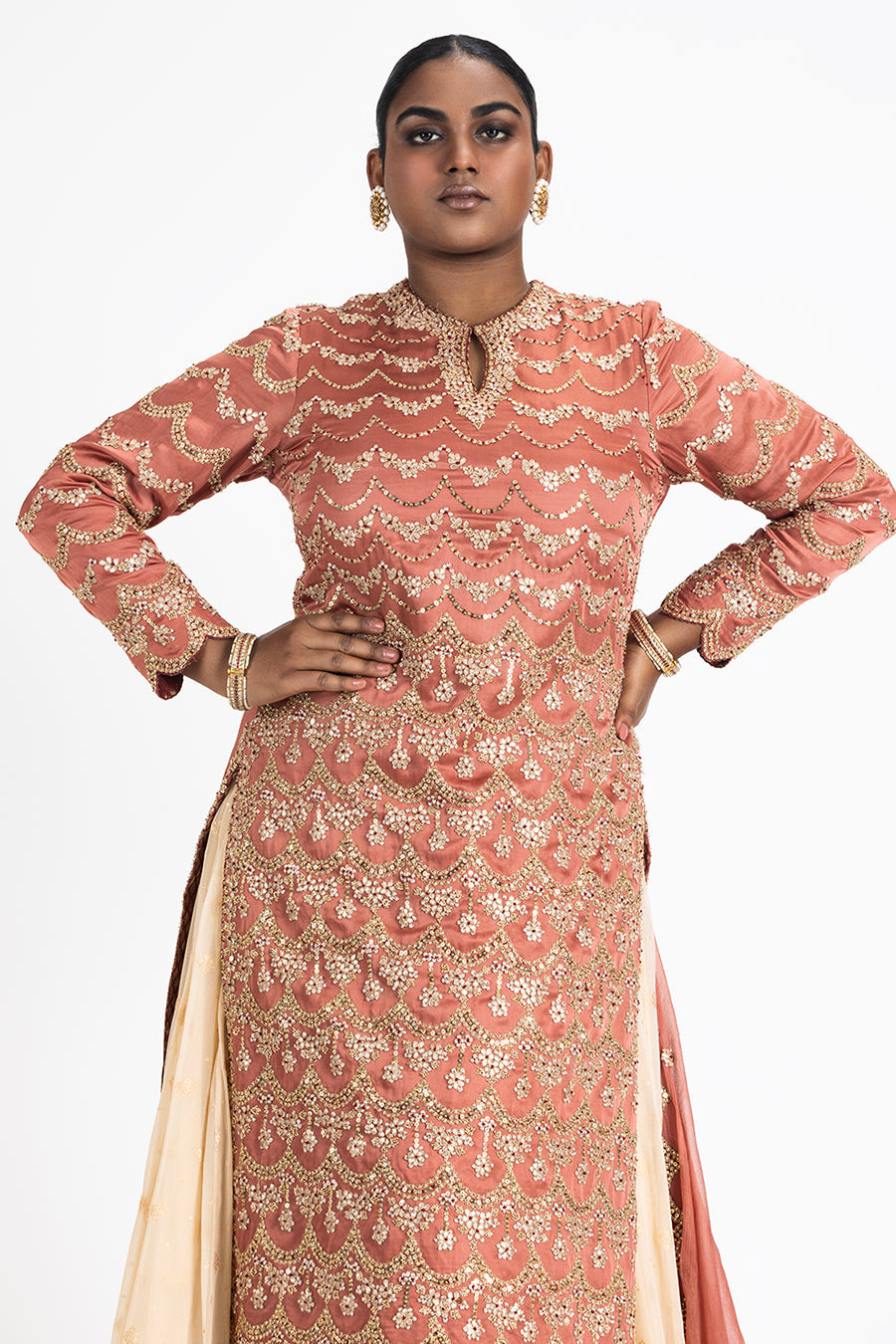 Rust Satin Linen Kurta with Cream Benarasi Lehenga Set