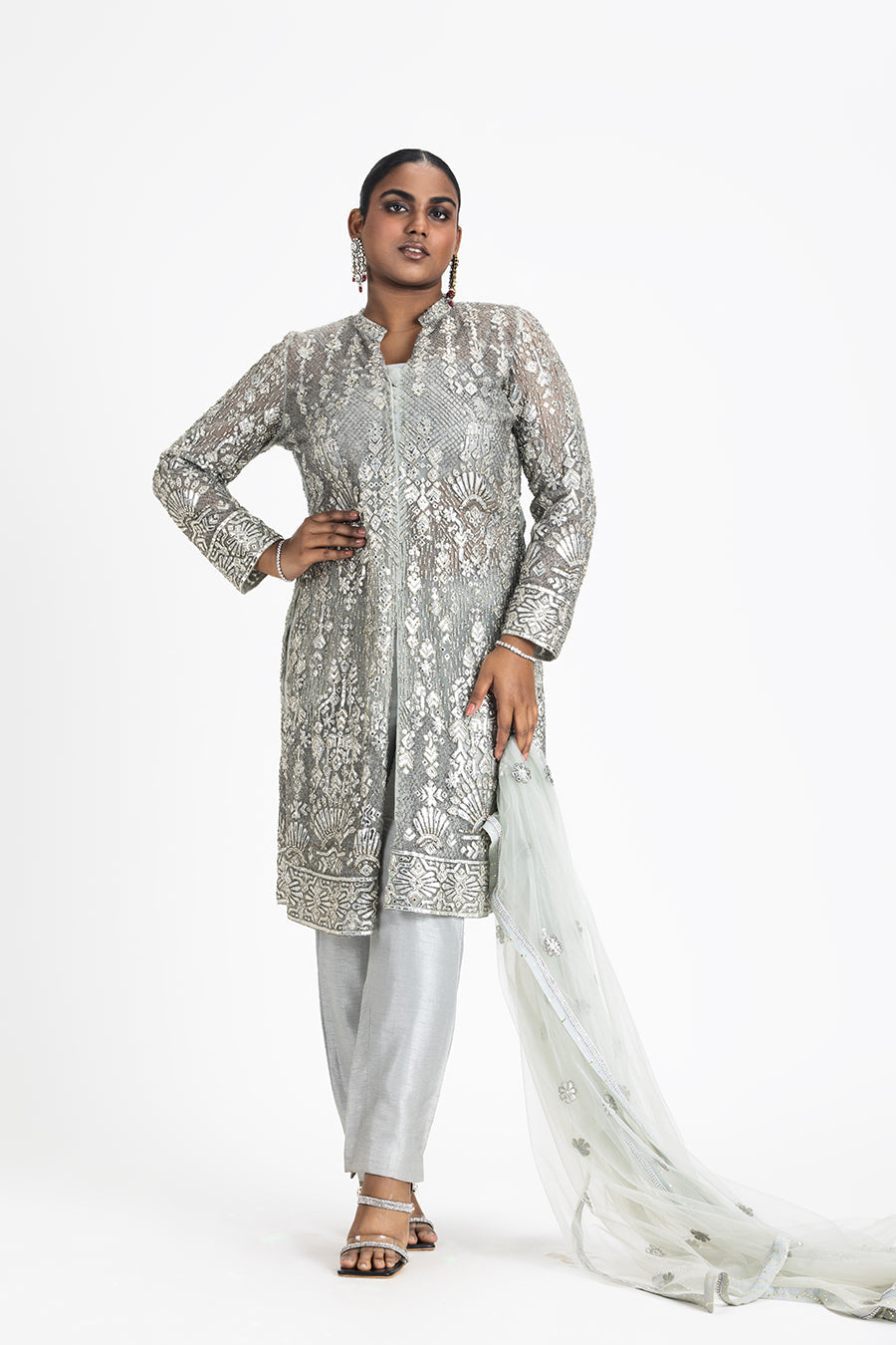 Grey Net Jacket Set with Silver Embroidery & Silk Trousers