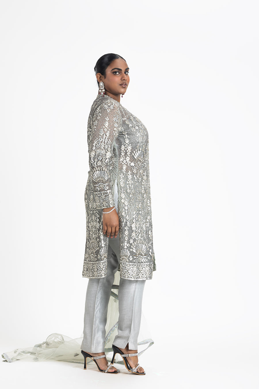 Grey Net Jacket Set with Silver Embroidery & Silk Trousers