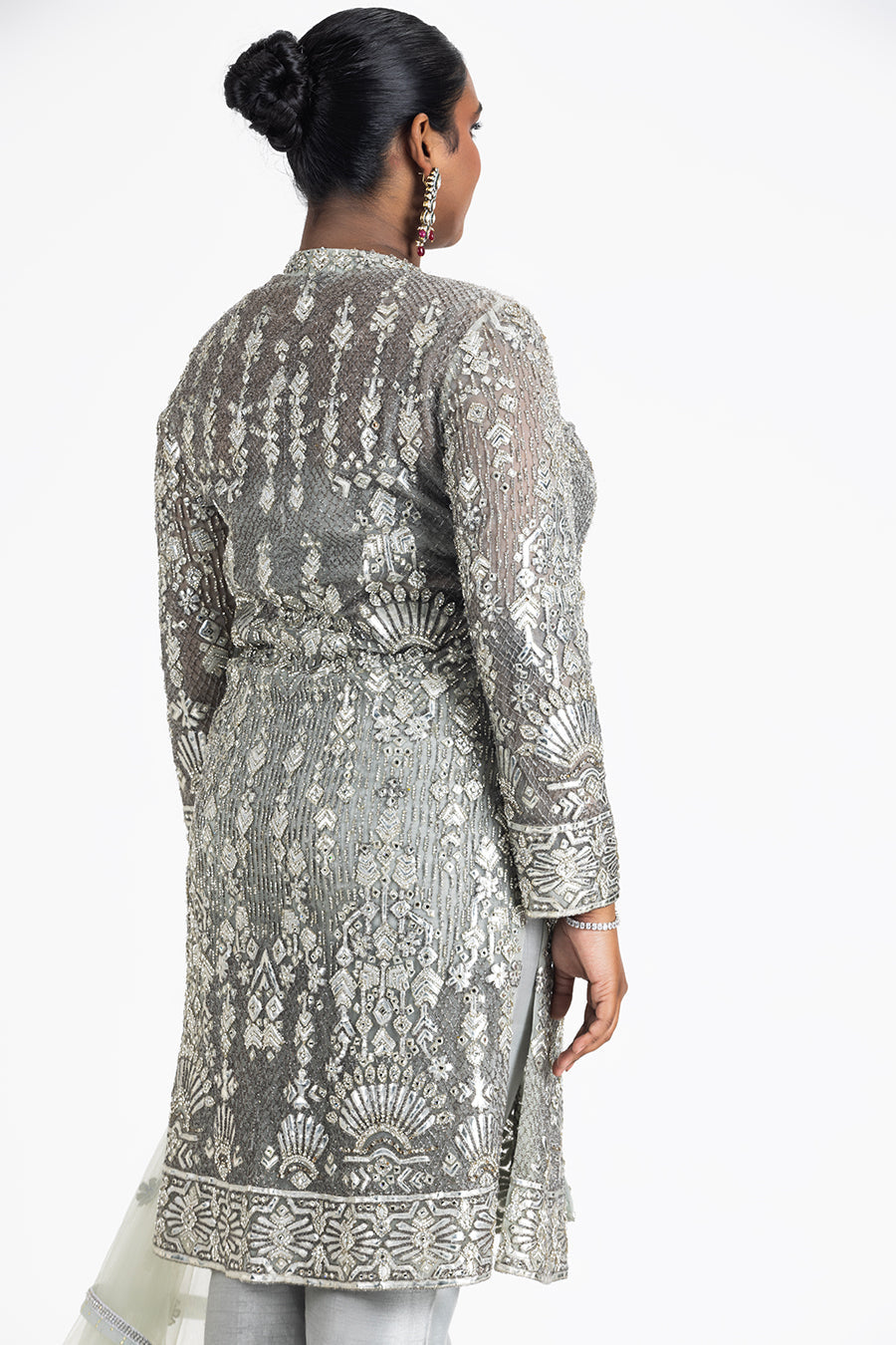 Grey Net Jacket Set with Silver Embroidery & Silk Trousers