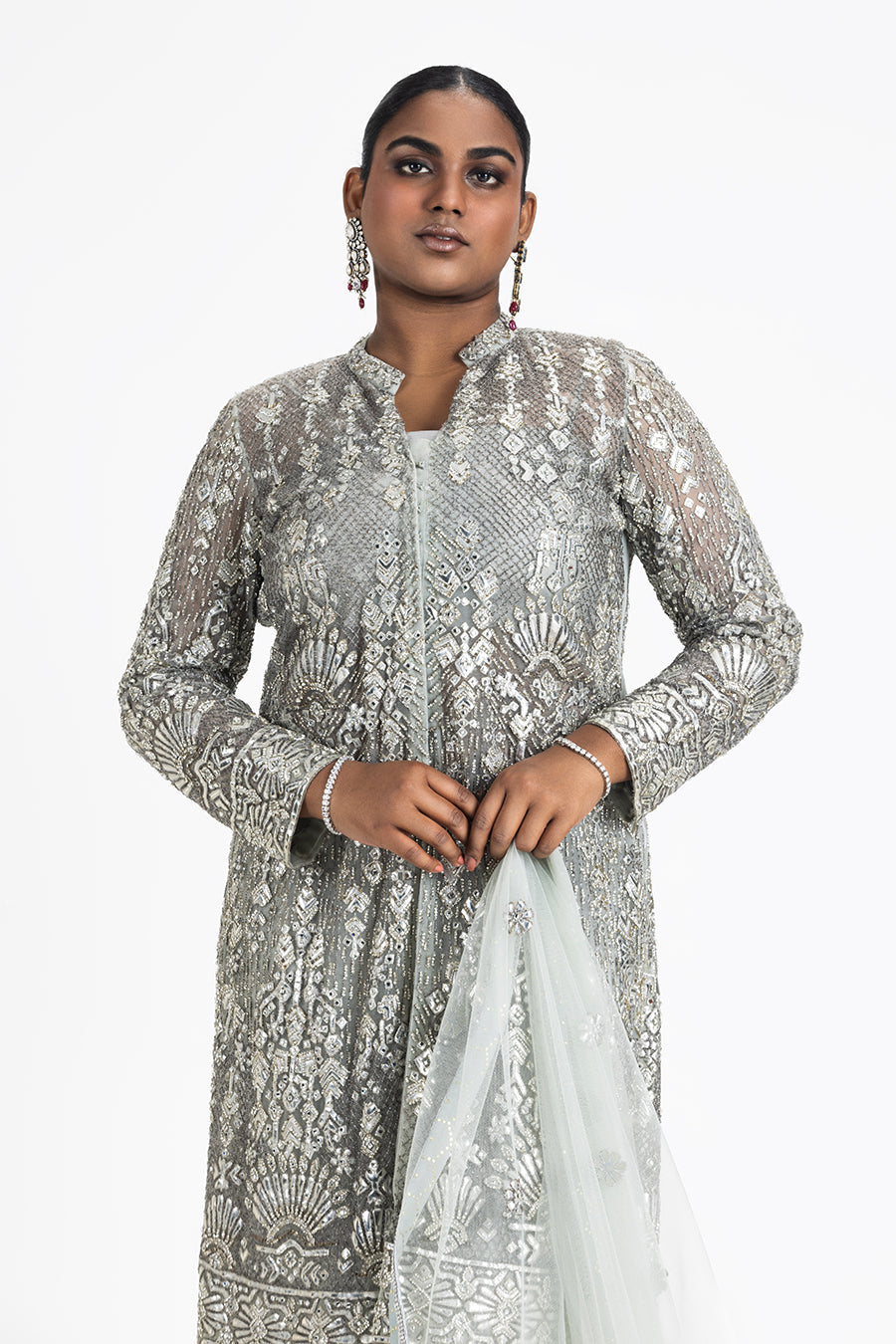 Grey Net Jacket Set with Silver Embroidery & Silk Trousers