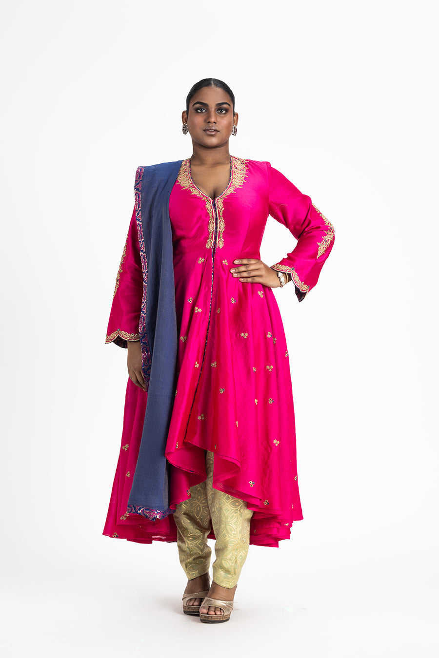 Fuchsia Chanderi Kalidar Set With Gold Zari - Luxury Festive Wear