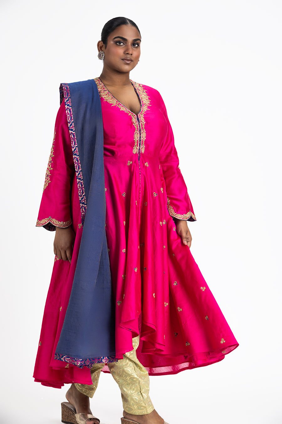 Fuchsia Chanderi Kalidar Set With Gold Zari - Luxury Festive Wear