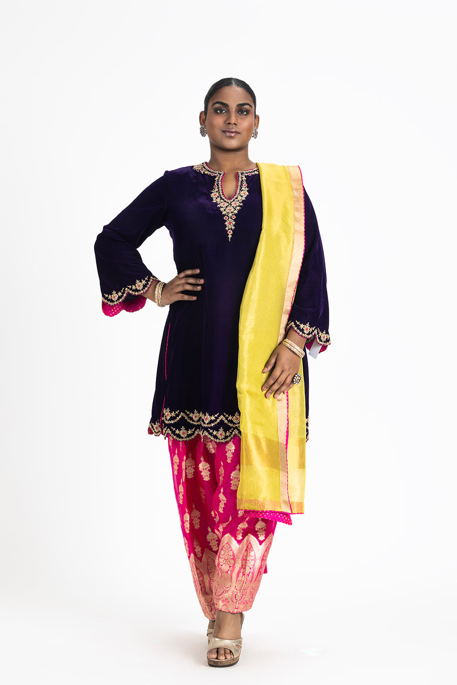 Purple Velvet Kurta Fuchsia Brocade Salwar Lime Dupatta Set