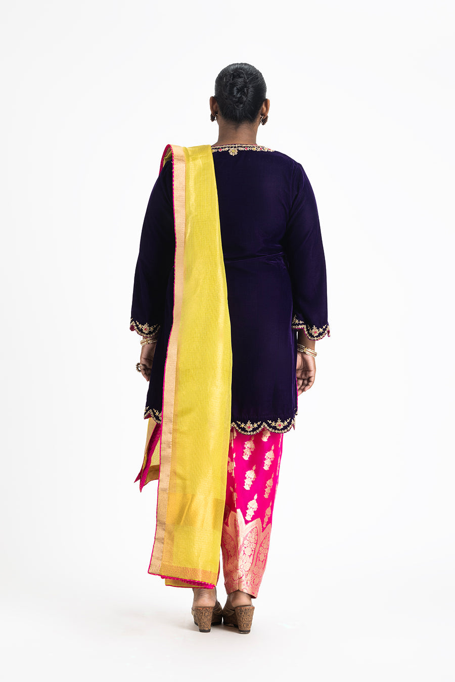 Purple Velvet Kurta Fuchsia Brocade Salwar Lime Dupatta Set