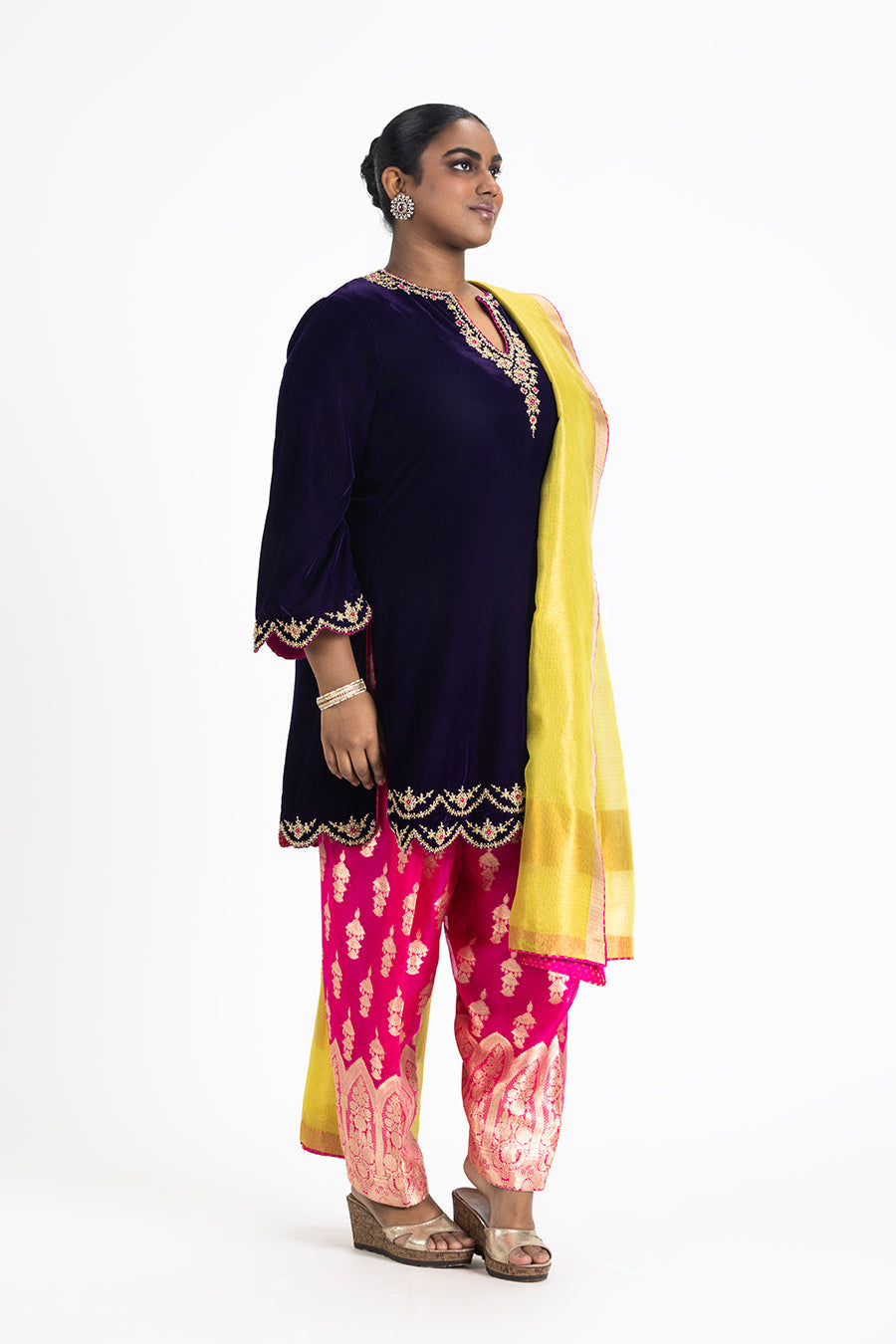 Purple Velvet Kurta Fuchsia Brocade Salwar Lime Dupatta Set