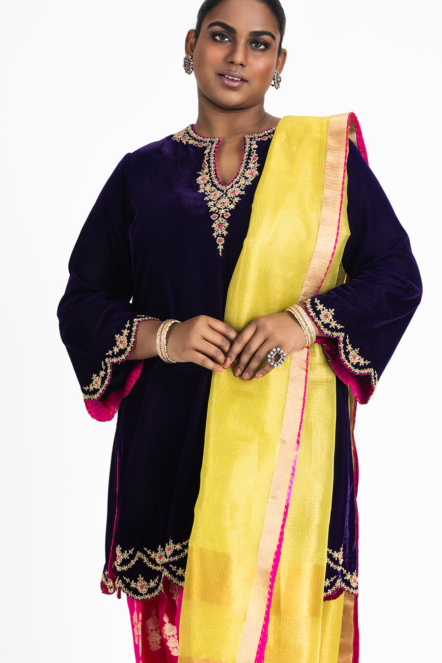 Purple Velvet Kurta Fuchsia Brocade Salwar Lime Dupatta Set