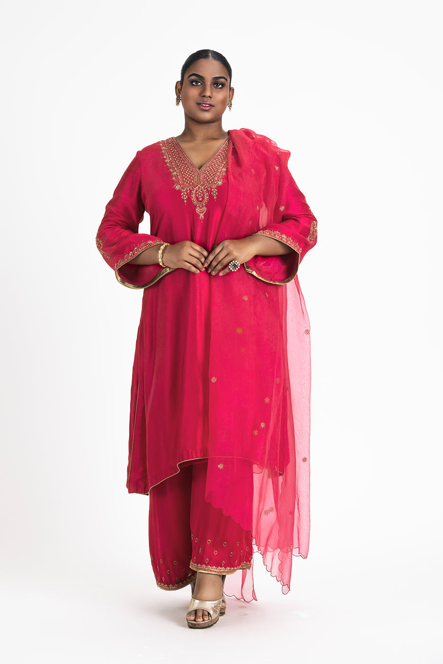 Red Dupion Silk Kurta with Satin Palazzo and Organza Dupatta