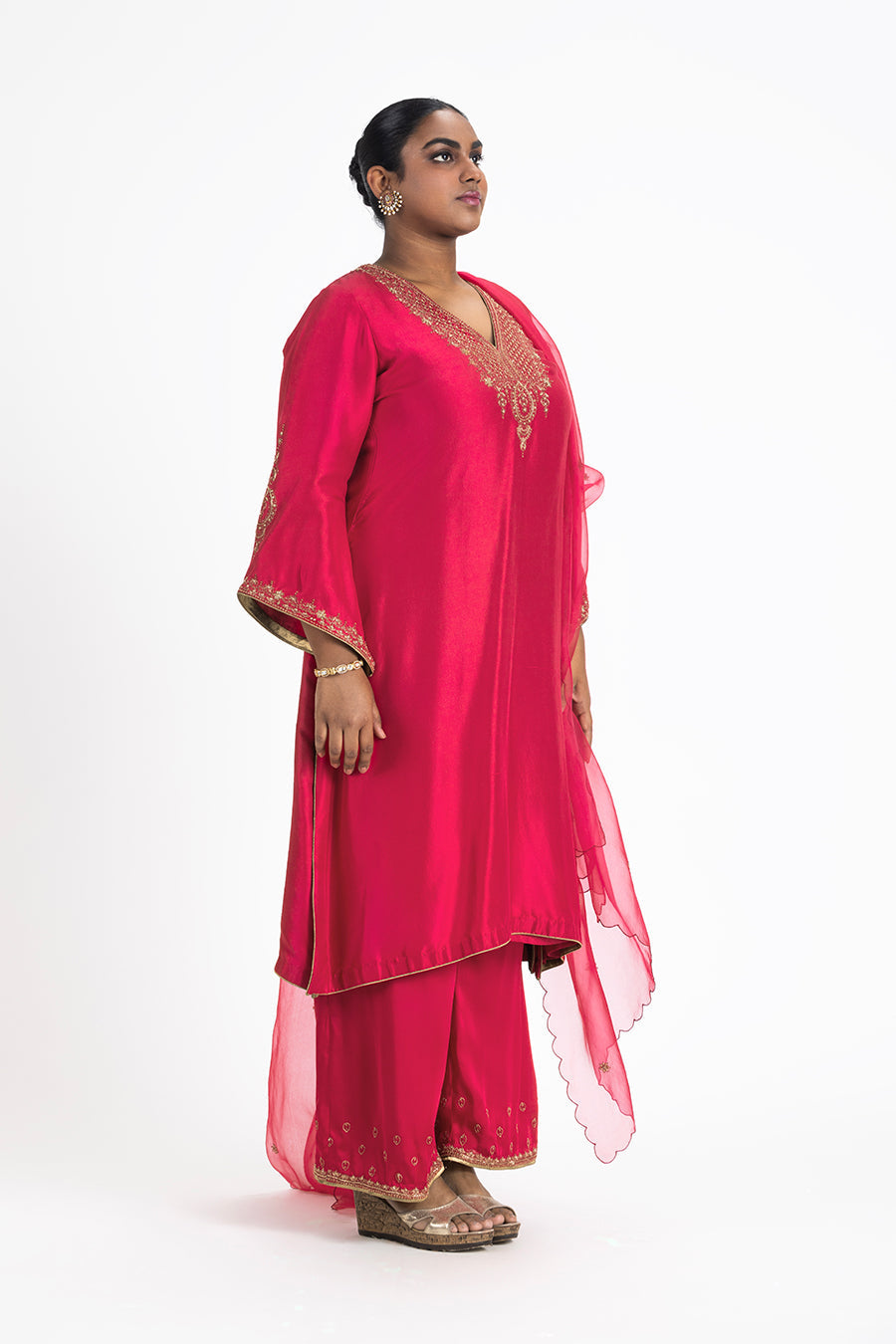 Red Dupion Silk Kurta with Satin Palazzo and Organza Dupatta