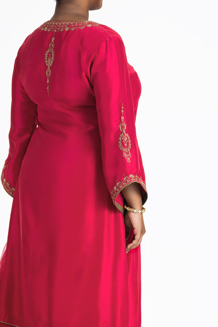 Red Dupion Silk Kurta with Satin Palazzo and Organza Dupatta