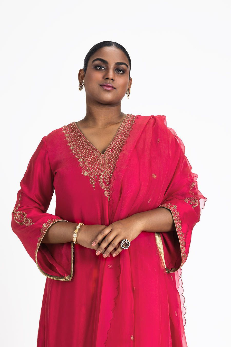 Red Dupion Silk Kurta with Satin Palazzo and Organza Dupatta
