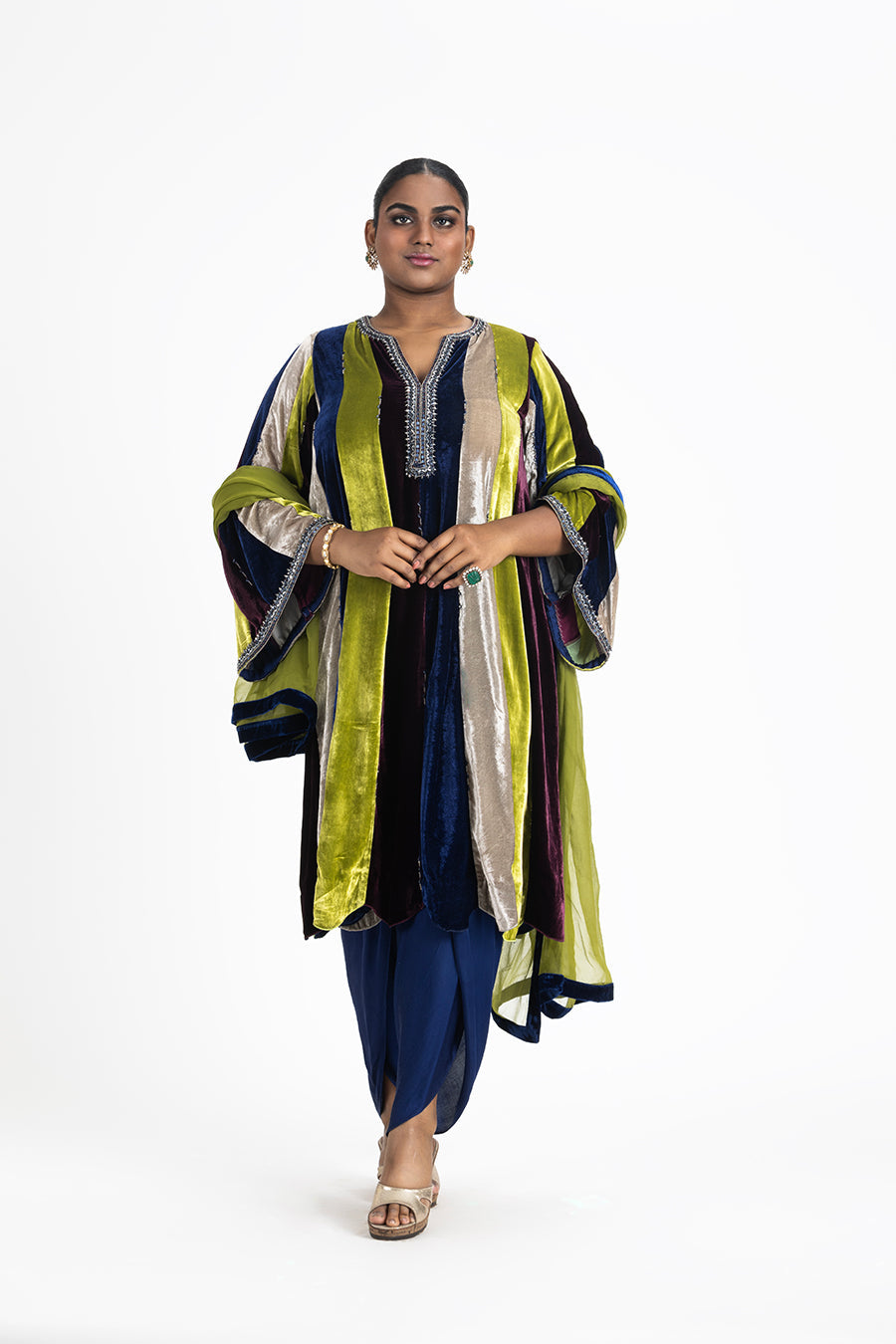 Multi-Colour Velvet Paneled Tunic with Dhoti Salwar Set