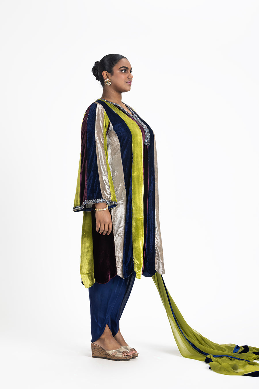 Multi-Colour Velvet Paneled Tunic with Dhoti Salwar Set