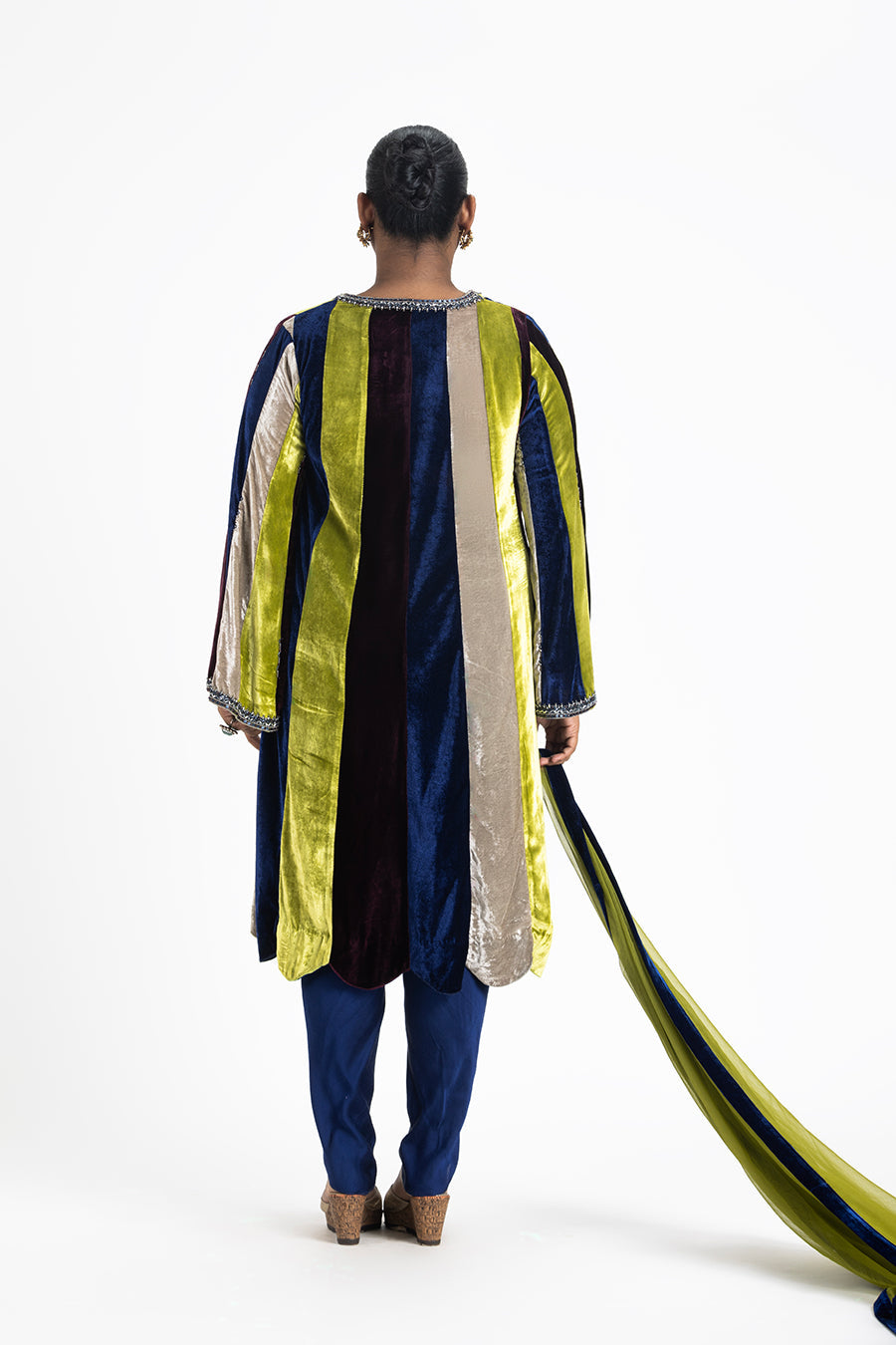 Multi-Colour Velvet Paneled Tunic with Dhoti Salwar Set