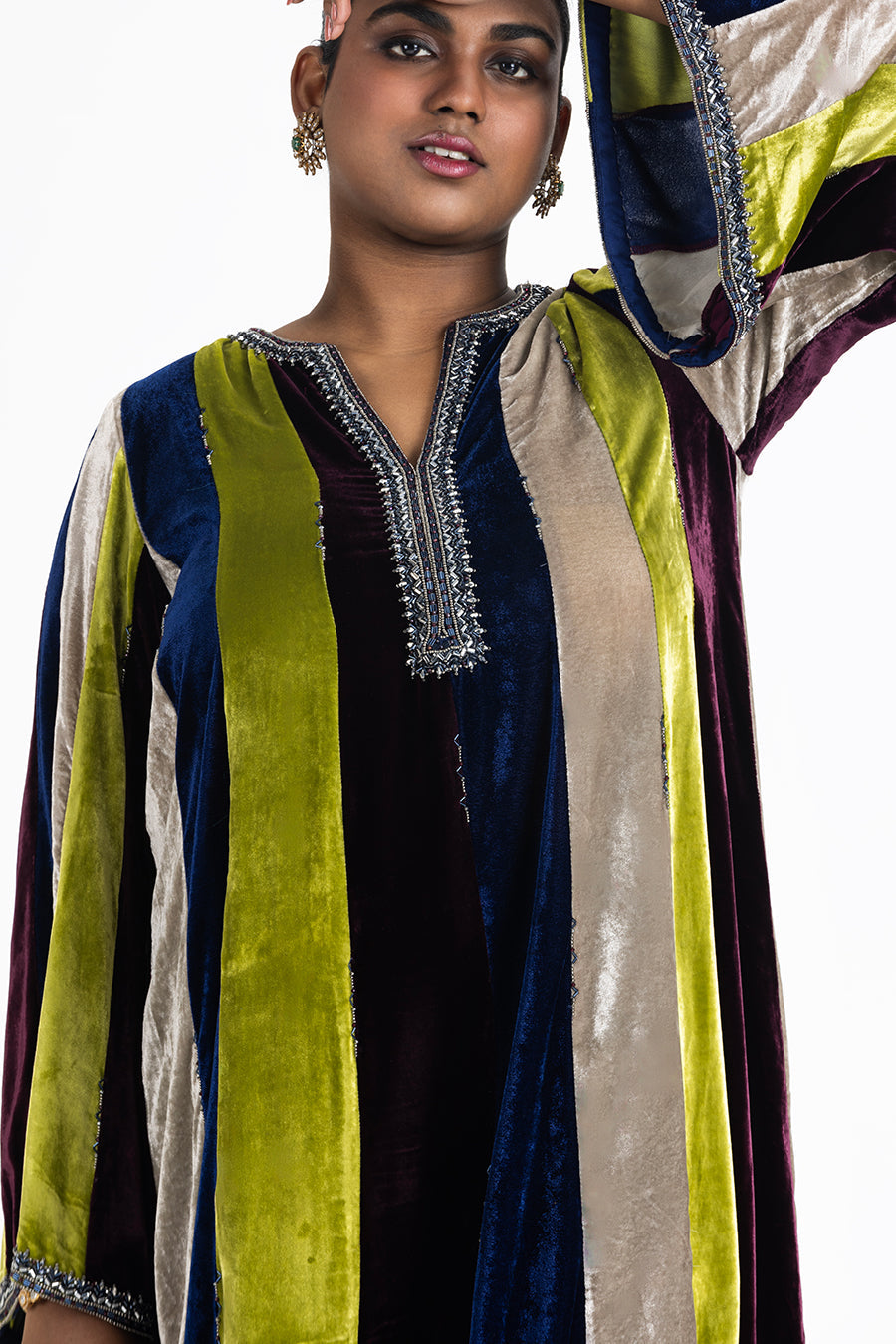 Multi-Colour Velvet Paneled Tunic with Dhoti Salwar Set
