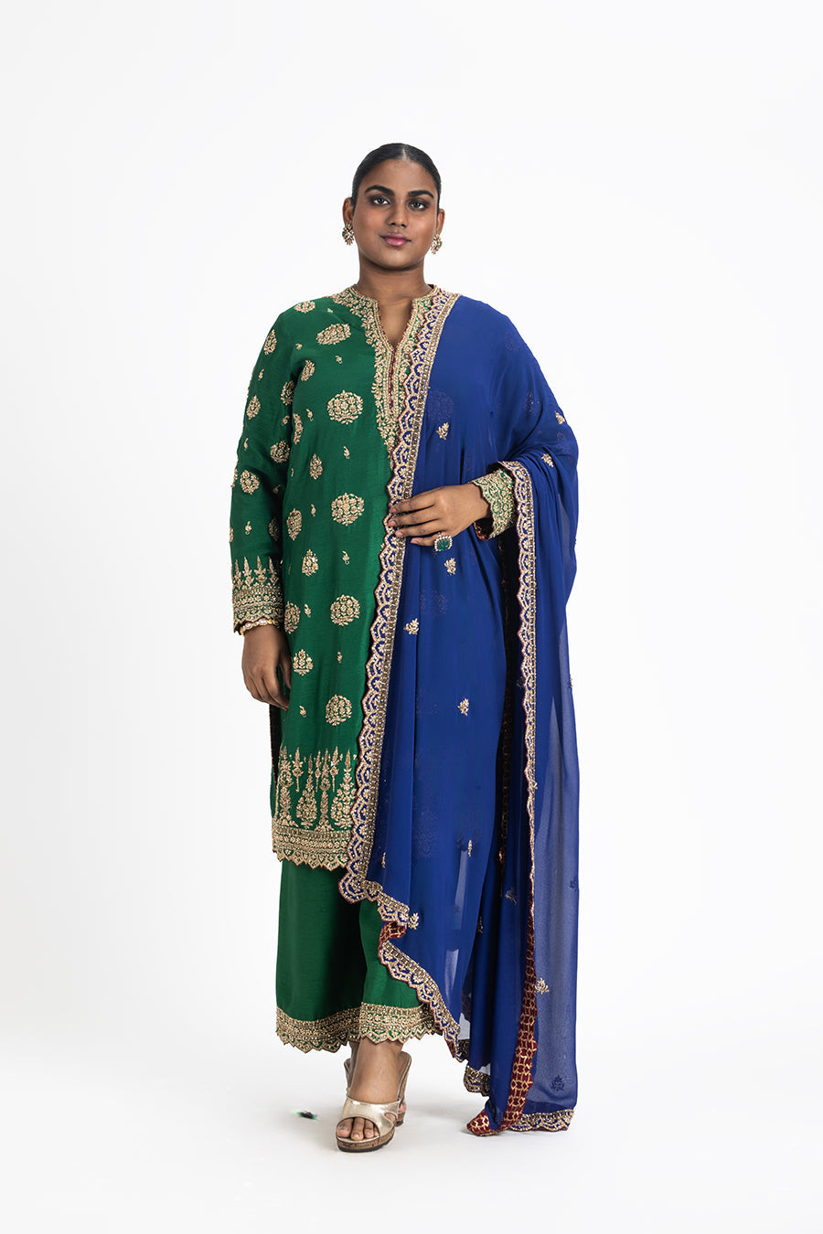 Emerald Green Raw Silk Kurta Palazzo With Blue Georgette Dupatta
