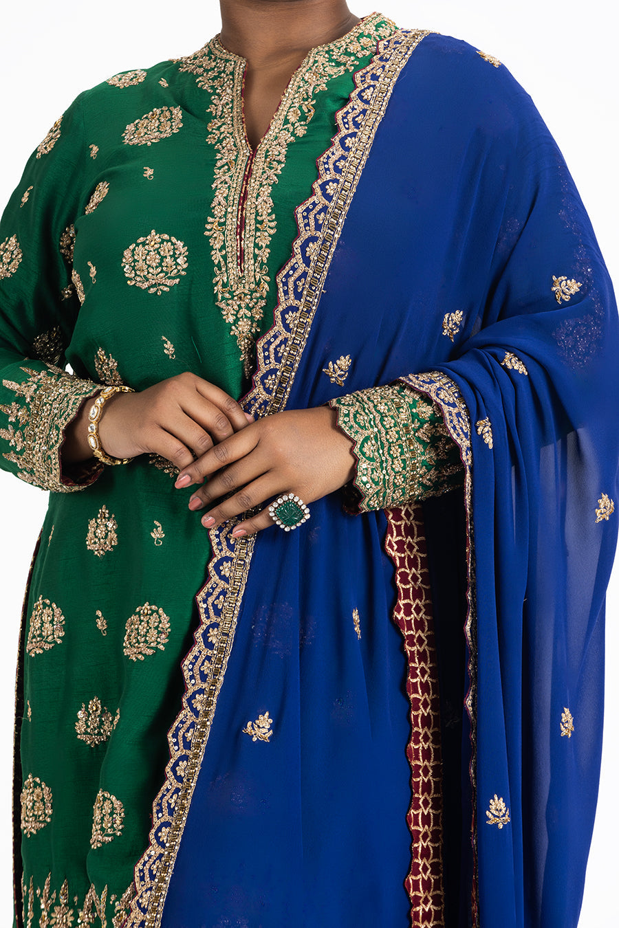 Emerald Green Raw Silk Kurta Palazzo With Blue Georgette Dupatta