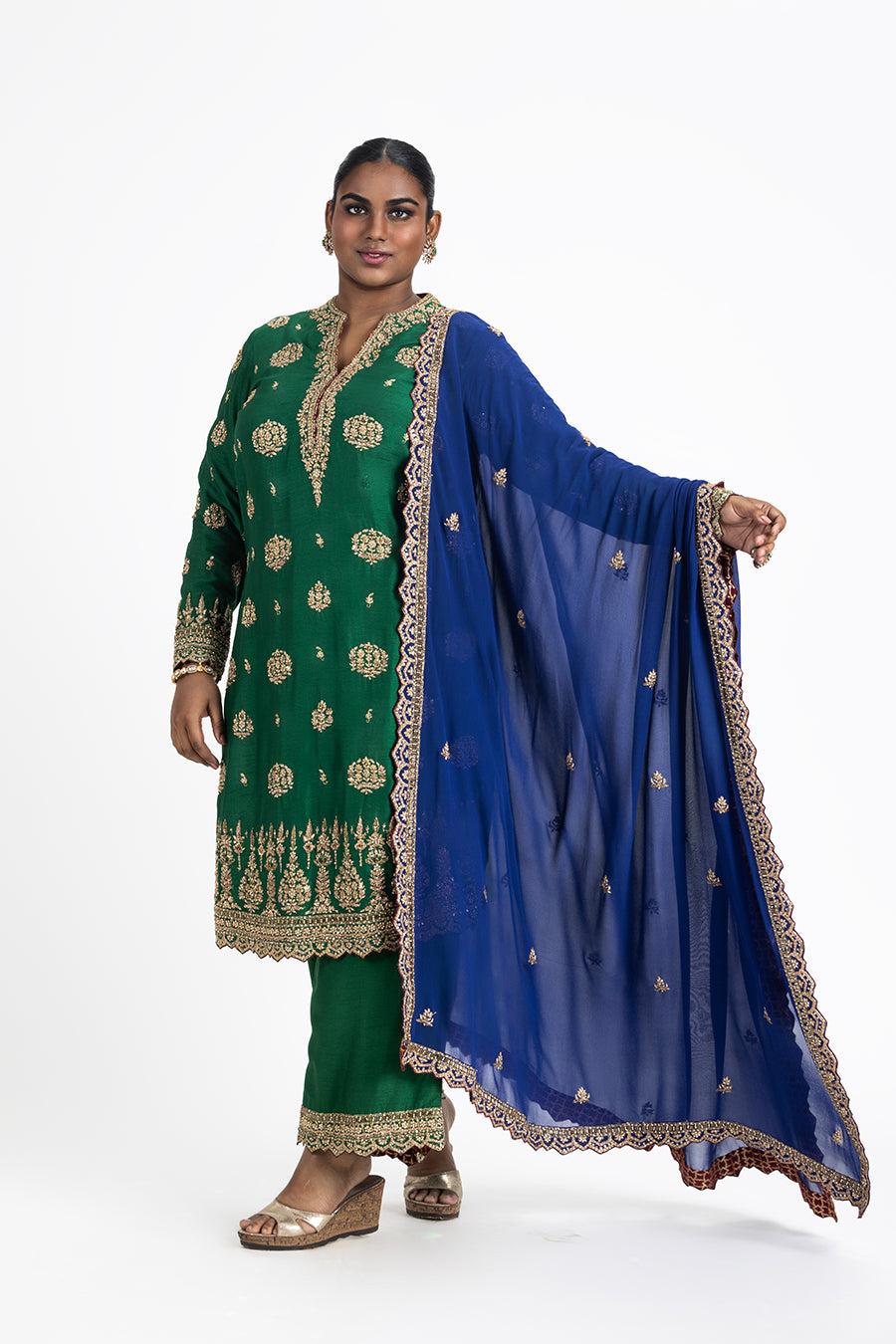 Emerald Green Raw Silk Kurta Palazzo With Blue Georgette Dupatta