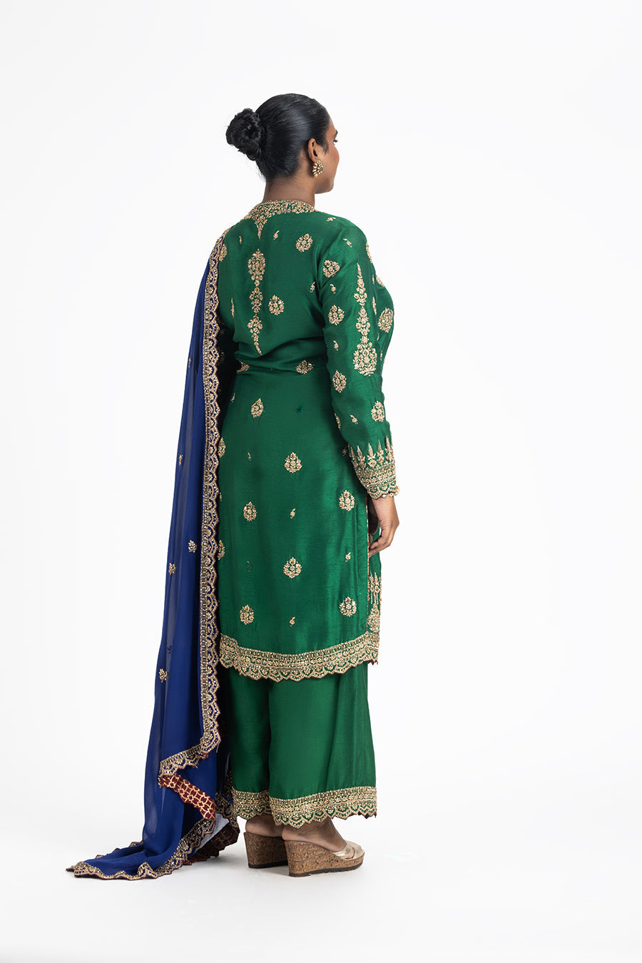 Emerald Green Raw Silk Kurta Palazzo With Blue Georgette Dupatta