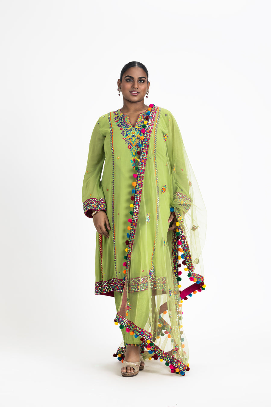 Lime Green Georgette Kurta Set with Resham Embroidery